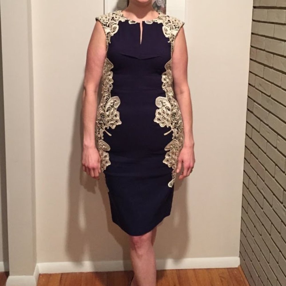 Beautiful lace detail navy sheath dress